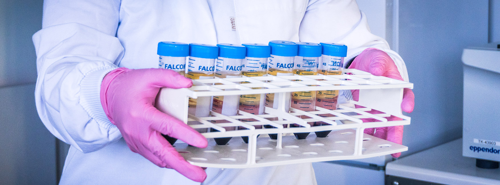 Veripalvelun biopankin tutkija kantamassa näyteputkitelinettä.