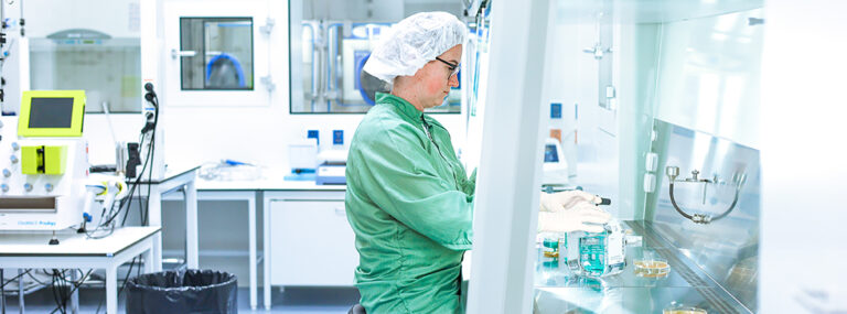 Advanced Cell Therapy Centters worker in cleanroom.